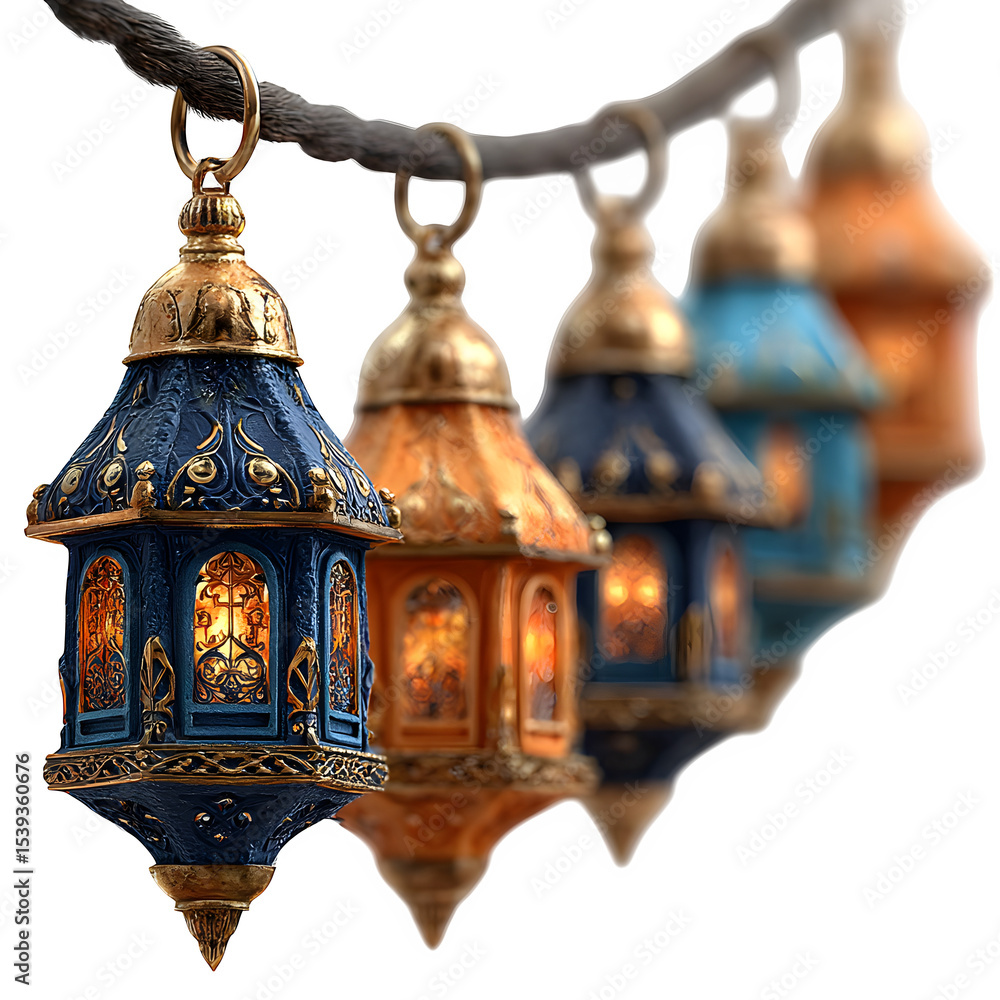 Obraz premium Miniature lantern garland, Mawlid decor, isolated on transparent background