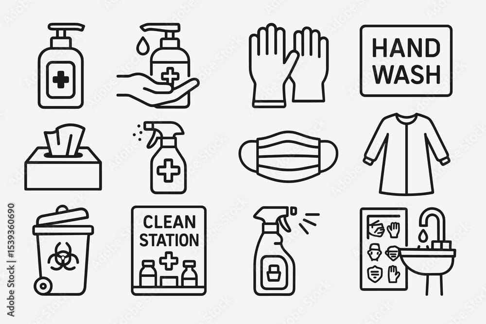 Hygiene icons including hand sanitizer, gloves, face mask, hand wash, and biohazard disposal Hygiene icons including hand sanitizer, gloves, face mask, hand wash, and biohazard disposal