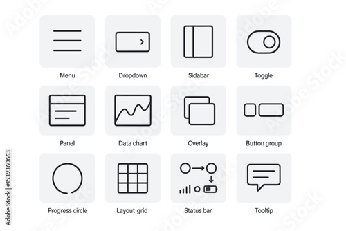Ui elements: menu, dropdown, sidebar, toggle, panel, data chart, overlay, button group