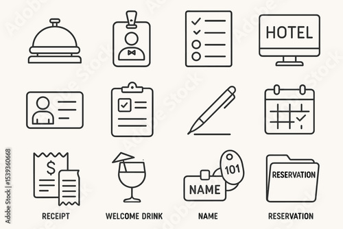 Hotel icons set: bell, id, checklist, monitor, pen, calendar, receipt, drink, key tag, folder