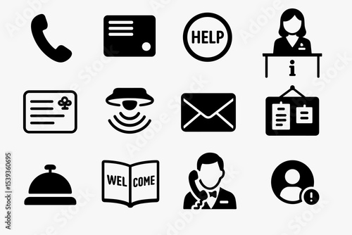 Hotel services icons featuring information desk and communication symbols