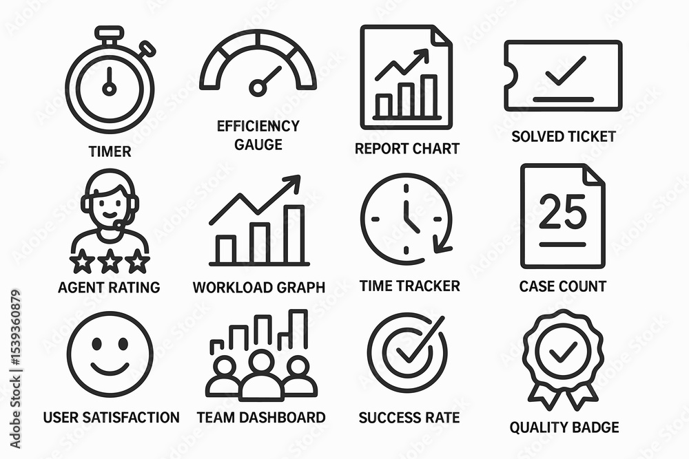 Business icons: timer, efficiency, report, ticket, rating, graph, tracker, case, satisfaction, dashboard, success, badge Business icons: timer, efficiency, report, ticket, rating, graph, tracker, case, satisfaction, dashboard, success, badge