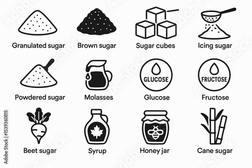 Various types of sugar and sweeteners icons: granulated, brown, cubes, icing, powdered, molasses, glucose, fructose, beet, syrup, honey, cane