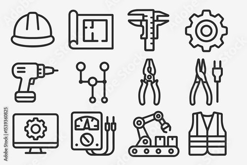 Construction and engineering tools icons: hard hat, blueprint, calipers, gear, drill, pliers, robotics