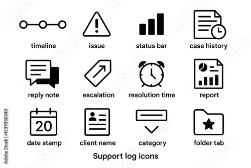 Support log icons set: timeline, issue, status, case history, reply