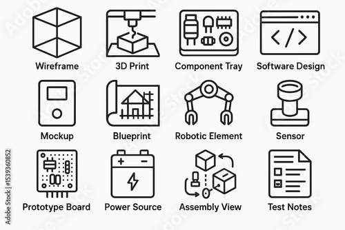 Icons of prototyping and design: wireframe, 3d print, components, software development