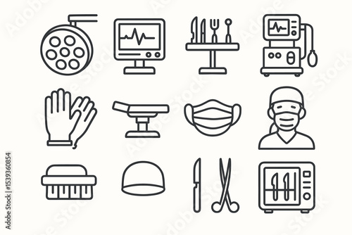 Surgical equipment icons: gloves, mask, scissors, monitor, surgeon, tools, sterilizer