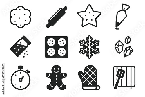 Baking icons set: tools and shapes in black and white