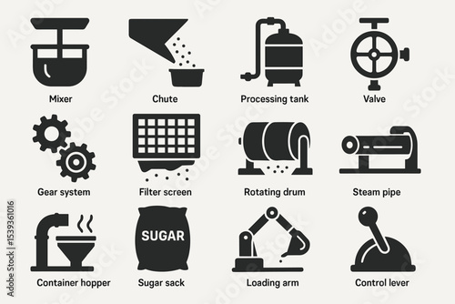 Industrial equipment icons: mixer, chute, processing tank, valve, gear system, filter, drum, pipe