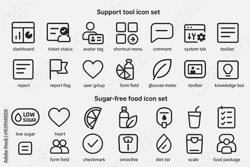 Support tools and sugar-free food icon set with dashboard and low sugar symbols