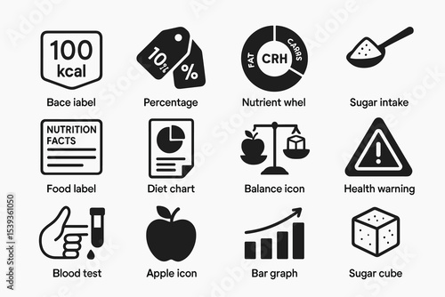 Nutrition icons: food label, sugar intake, diet chart, health warning, blood test symbols