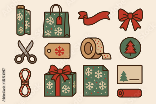 Festive holiday gift wrapping icons: paper, bows, tags, tape, and ribbons