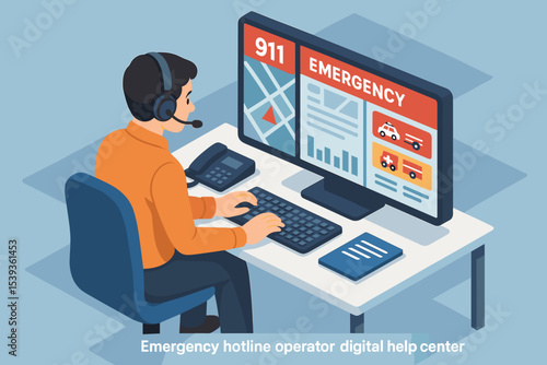 Male emergency hotline operator using digital help center interface
