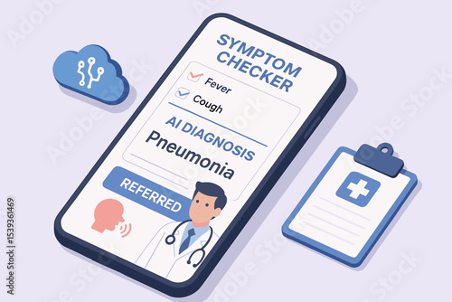 Ai symptom checker diagnosing pneumonia on smartphone with medical clipboard and brain icon