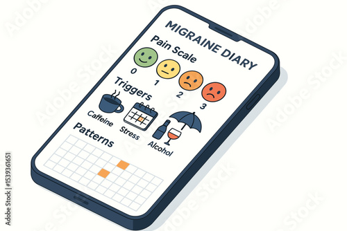 Digital migraine diary app with pain scale and triggers on smartphone screen