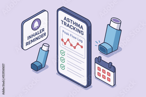 Asthma tracking app display with inhaler reminder icons and calendar