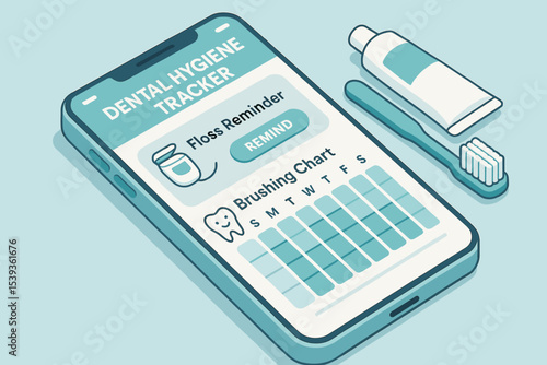 Digital dental hygiene tracker interface with floss reminder and brushing chart on smartphone