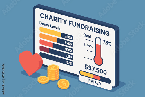 Charity fundraising progress chart with heart and coins on blue background