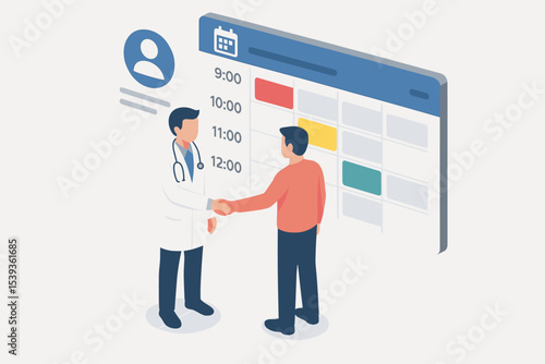 Isometric illustration of doctor and patient meeting with digital calendar interface