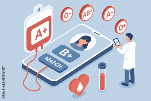 Blood donation app with doctor and blood type icons for matching