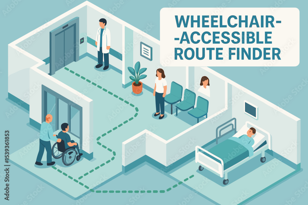 Wheelchair-accessible route in hospital with diverse staff and patients Wheelchair-accessible route in hospital with diverse staff and patients