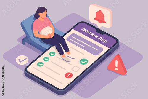 Pregnant woman using telecare app on smartphone for health monitoring and alerts