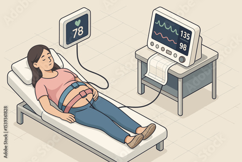 Pregnant hispanic woman monitoring heart rate in hospital with medical equipment