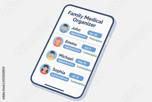 Family medical organizer app display with male and female avatars on smartphone interface