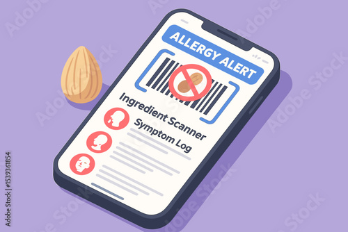 Allergy alert app interface with ingredient scanner and symptom log on smartphone