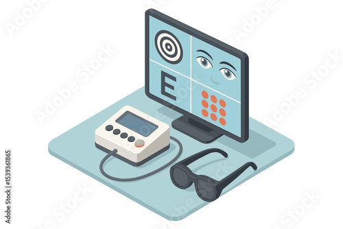 Optometry tools and vision test on monitor with eye chart and glasses
