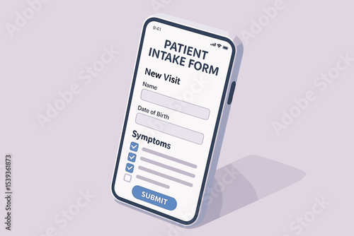 Digital patient intake form on smartphone display with submission button and checklist