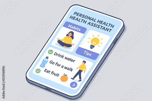 Personal health assistant app interface with wellness tips and habits