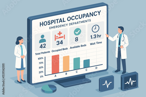 Hospital occupancy dashboard with medical professionals analyzing data on patient beds and wait time
