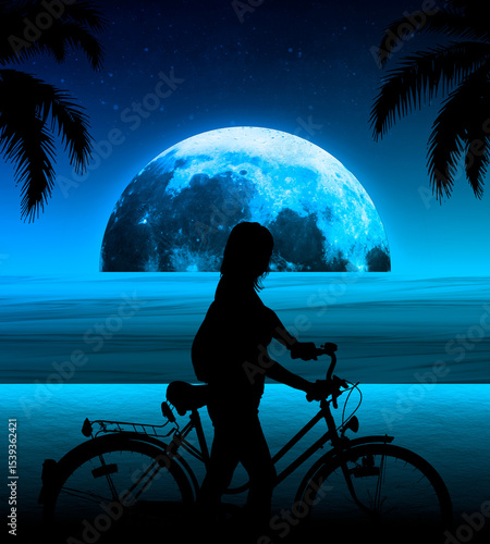 Una chica viajando en bicicleta en una playa en la noche