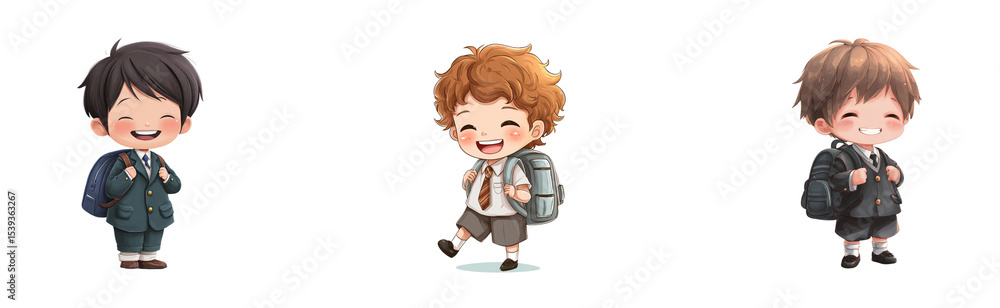 Chibi boy in school uniform holding a backpack and smiling cheerfully, transparant background Chibi boy in school uniform holding a backpack and smiling cheerfully, transparant background