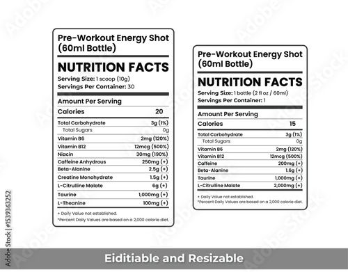 pre workout label, nutrition Facts, energy drink nutrition facts, caffeine supplement chart, taurine beta alanine label, citrulline pre workout facts, gym powder label, pre workout nutrition editable,