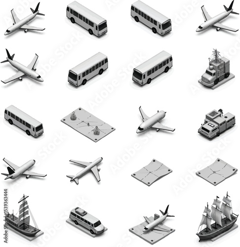 Isometric transportation and travel vector silhouette icon set Greyscale 3D illustrations of airplane bus ship and map for logistics