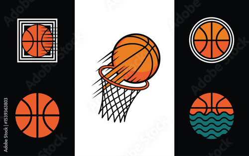 Basketball themed graphic design elements for sports and recreation