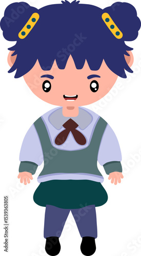 Playful Portrait: A cute cartoon girl stands confidently, her vibrant eyes sparkling with an innocent charm. Her neatly styled hair and adorable outfit add to her irresistible appeal.