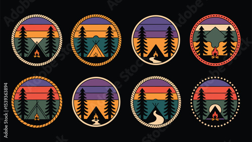 Camping scenes with tents campfires and trees in a retro style