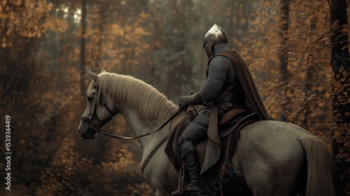 Ethereal equerry: A knight rides a majestic horse through an autumn forest
