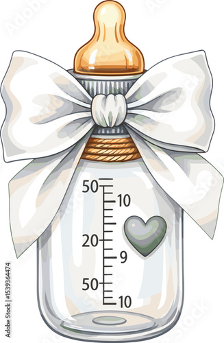 Watercolor Baby Bottle for milk with a white bow and heart. illustration of infant element for baby shower greeting cards or newborn invitations. Drawing for nursery design in pastel beige colors