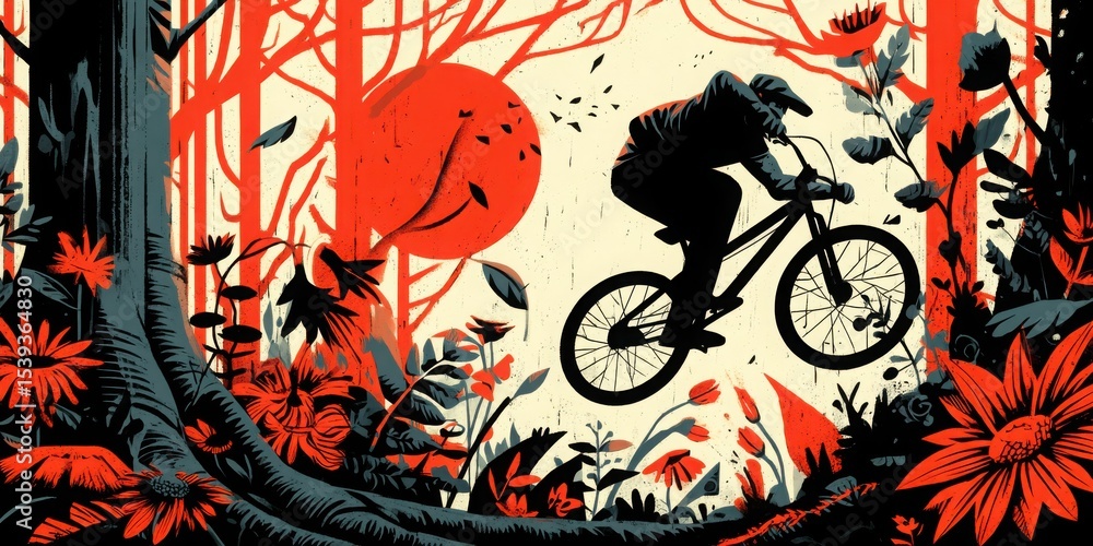 Obraz premium Optimistic Adventures Concept. Mountain Biker in Vibrant Forest Landscape with Creative Flora and Bold Color Contrast Amidst Natural Setting