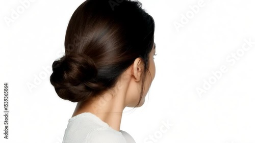 Wallpaper Mural Asian female with smooth skin and dark hair bun hairstyle wearing white top side view calm expression minimal cosmetic look natural smile bright Torontodigital.ca