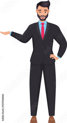 Polished Professional: A confident gentleman, impeccably dressed in a dark suit and tie, extending a welcoming hand as if presenting a solution.