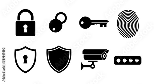 Secure your data with these essential security icons padlock key fingerprint shield camera password protection safety privacy online digital technology.