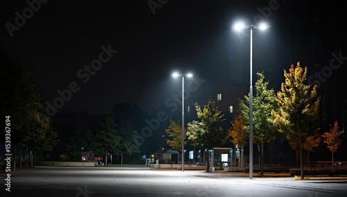 Empty parking lot at night, illuminated by streetlights.  Trees and buildings in the background