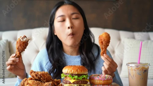 Mukbang Feast: Young Woman Savoring a Spread of Fried Chicken and Burgers