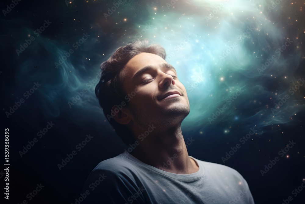 A man in a peaceful state, eyes closed, with a cosmic aura surrounding him, symbolizing inner peace and spiritual journey. A man in a peaceful state, eyes closed, with a cosmic aura surrounding him, symbolizing inner peace and spiritual journey.