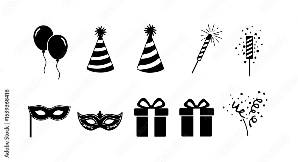 Festive Party Icons Balloons Masks Gifts Fireworks Celebrate Joyful Events Festive Party Icons Balloons Masks Gifts Fireworks Celebrate Joyful Events